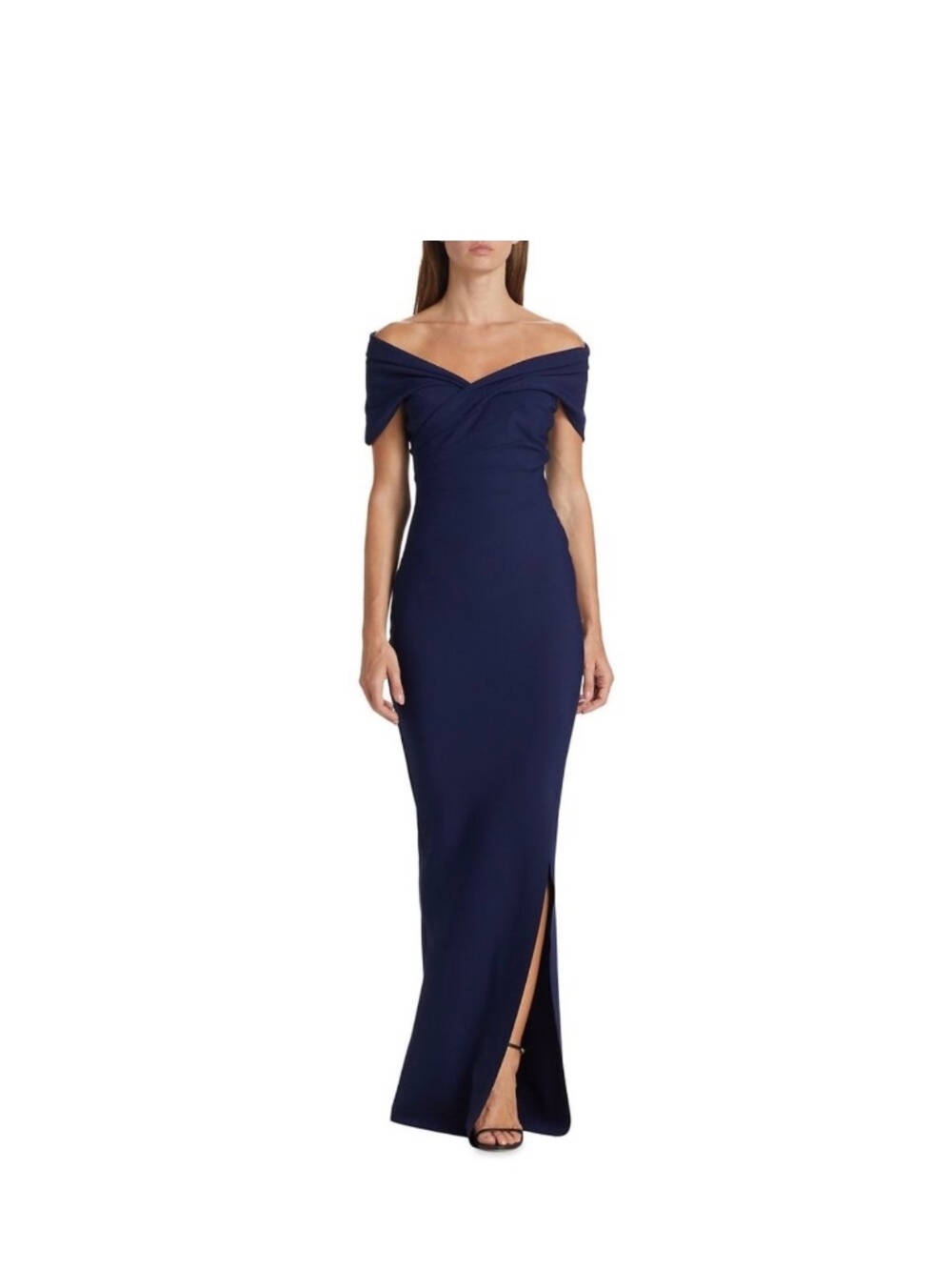 Chiara Boni size 16 navy blue off the shoulder column gown